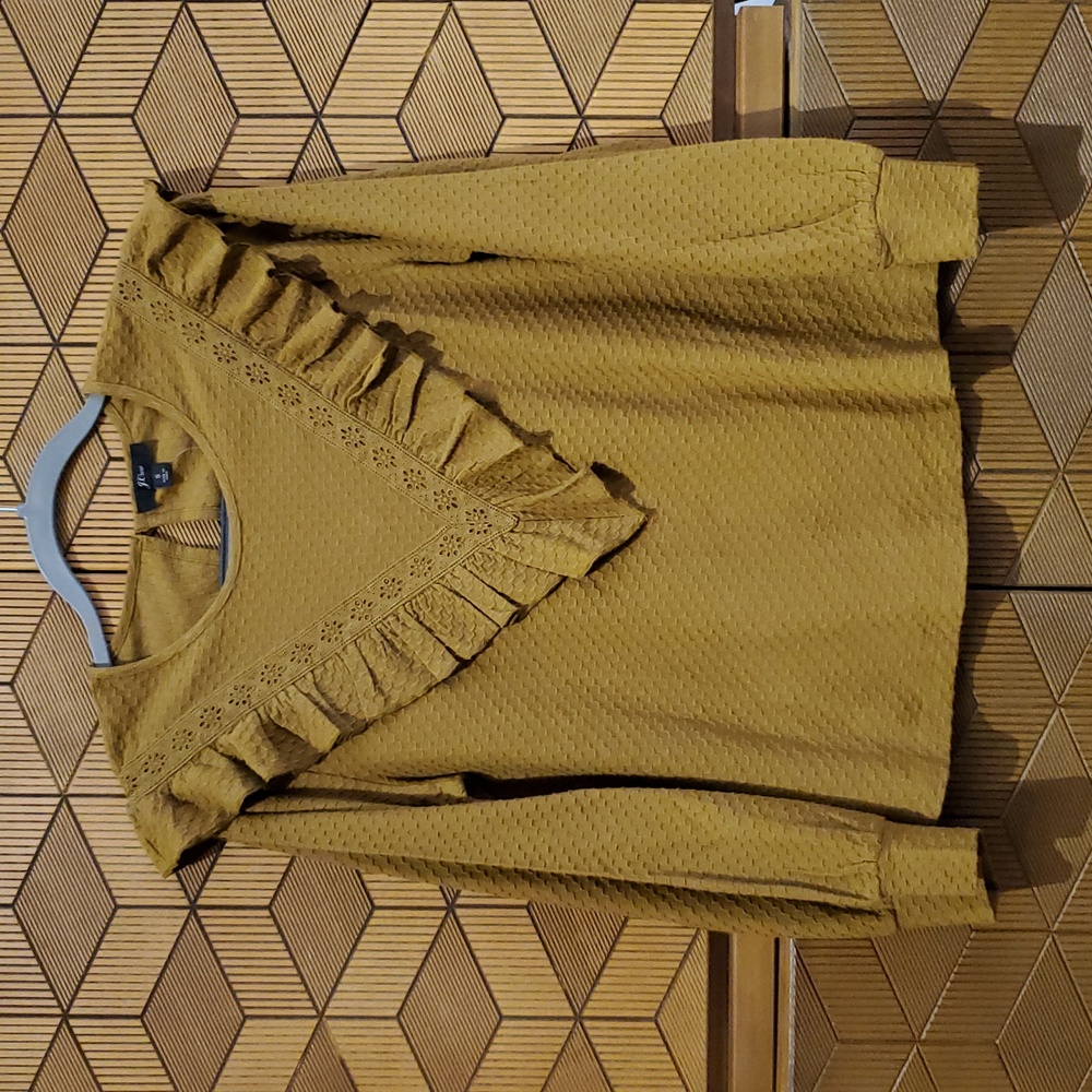 J. Crew Ruffle Trim Honeycomb Knit Lond Sleeve Blouse
